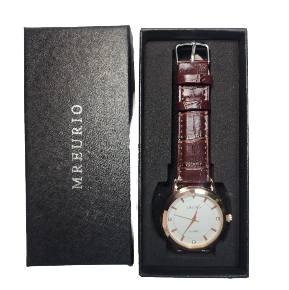 NEW Mreurio Mens Rose Gold Tone Leather Analog Quartz Watch Hours NIB In Box